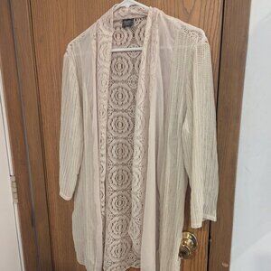 Chico's Cream Lace Open Front 3/4 Sleeve Cardigan Elegant Feminine-Medium